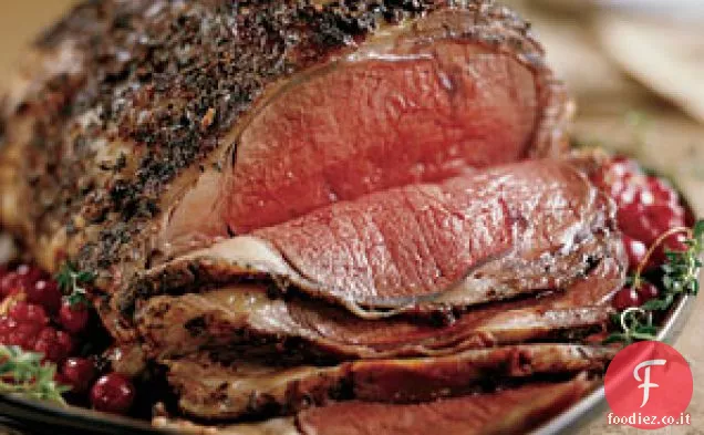 Arrosto di costine in piedi con salsa di porcini e pancetta