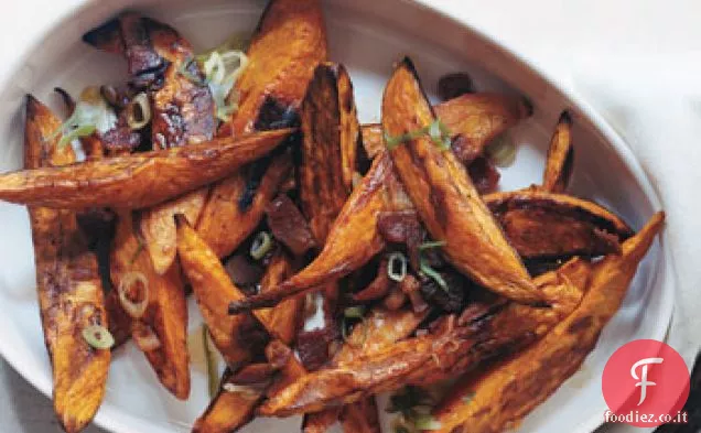 Lance di patate dolci arrosto con vinaigrette di pancetta