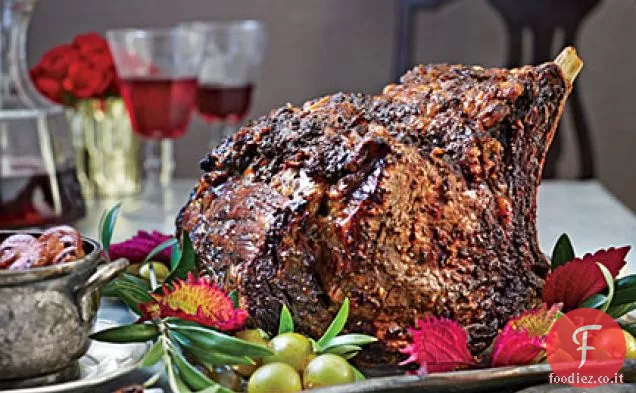 Arrosto di costine in piedi con funghi al vino rosso