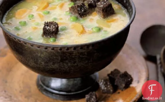 Zuppa di piselli con crostini di Pumpernickel