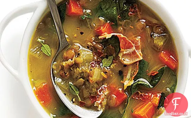 Zuppa di spinaci e lenticchie con formaggio e Basilico