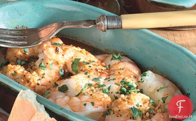 Gamberetti al forno in salsa di aglio al limone