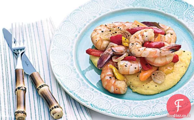 Gamberi jumbo saltati con peperoni dolci