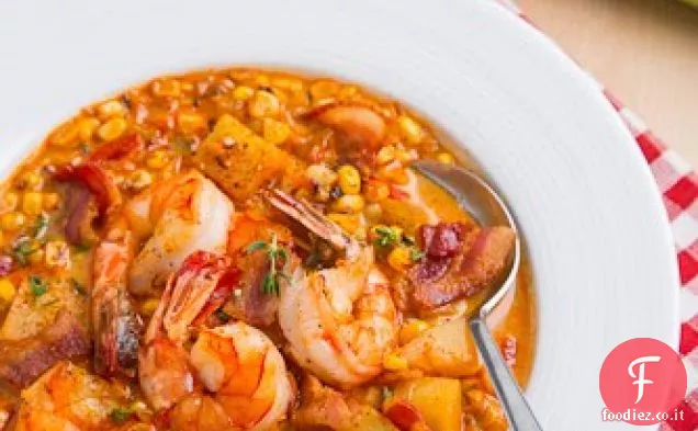 Gamberetti e zuppa di mais arrosto