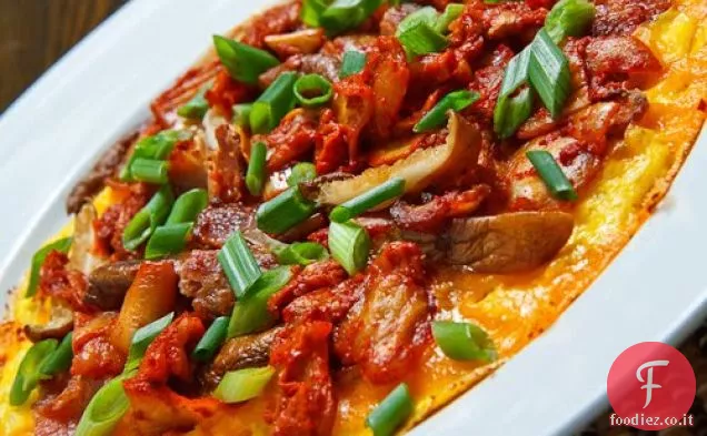 Frittata di Kimchi, pancetta e funghi Shiitake
