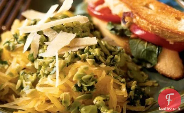 Zucca di spaghetti con Edamame-Pesto di Coriandolo
