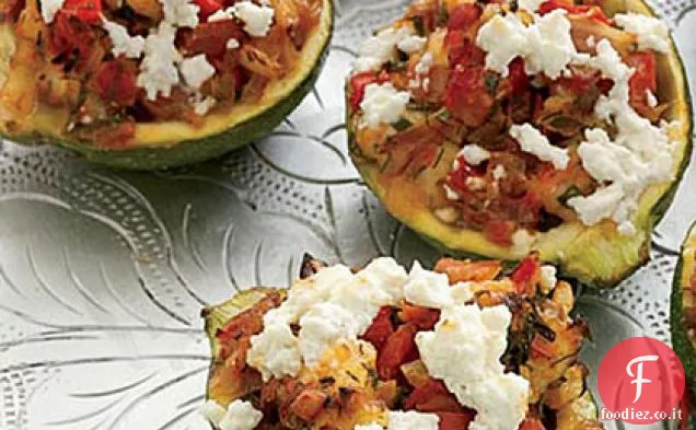 Zucchine ripiene di gamberi e feta
