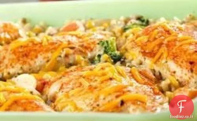 Pollo, riso condito e casseruola di verdure