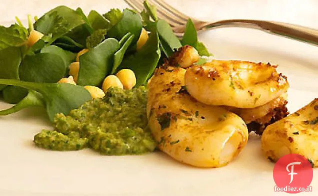 Calamari alla griglia con insalata di lattuga e menta, prezzemolo, pesto di acciughe
