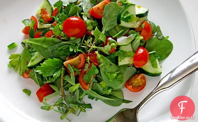 Insalata di portulaca piccante, pomodoro, cetriolo, menta e prezzemolo