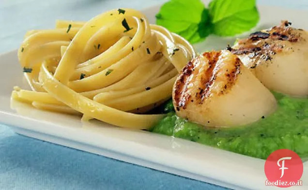Capesante alla griglia e Fettuccine con salsa inglese al burro di piselli