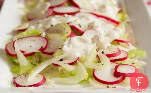 Insalata di sedano, finocchio e ravanello con salsa di formaggio blu fatta in casa