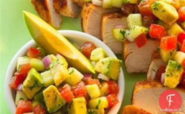 Cumino strofinato pollo con salsa di avocado