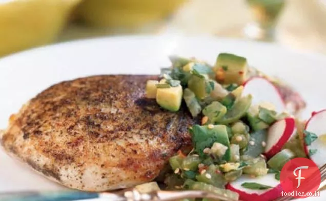 Pollo scottato con Tomatillo-Salsa di Avocado