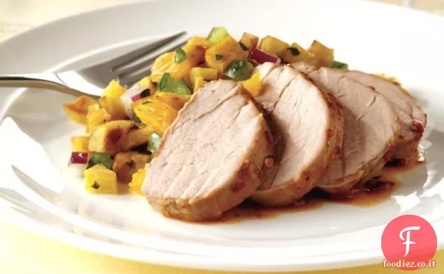 Filetto di maiale Chipotle con piantaggine e salsa all'arancia