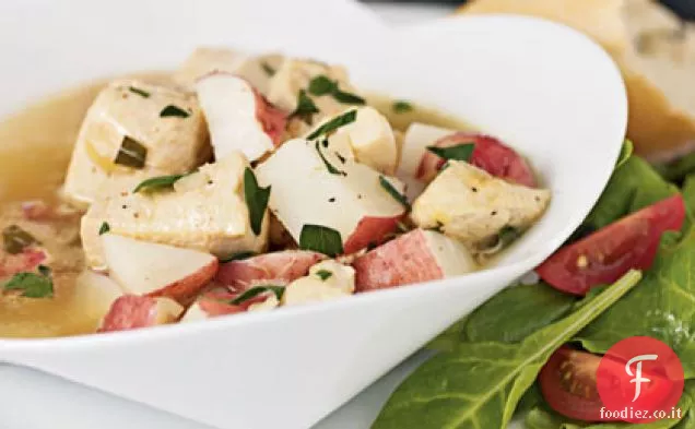 Pollo brasato con patate rosse e brodo di dragoncello