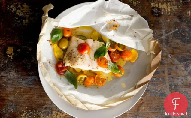 Filetti di pesce con Pomodori, zucca e Basilico