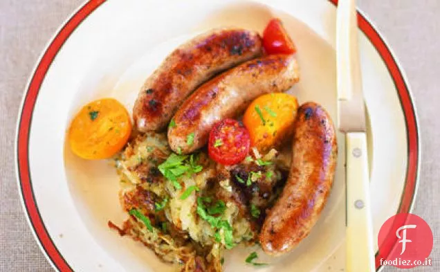 Salsicce con pomodori caldi e marroni di hash