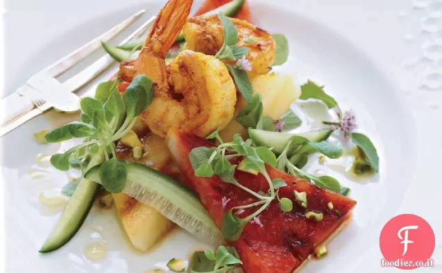 Insalata di gamberi al curry con anguria alla griglia