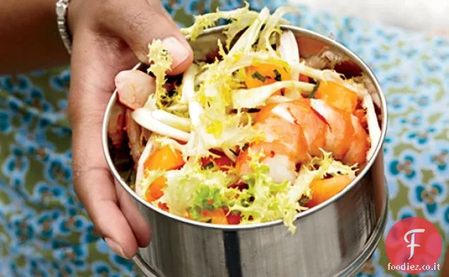 Insalata di gamberi in camicia, melone e frisée