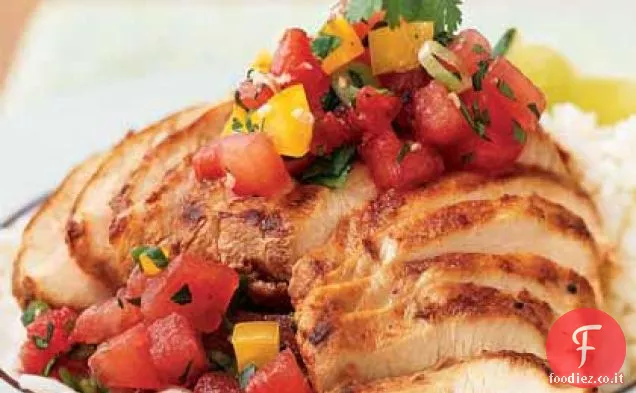 Sesamo-Cile Pollo con salsa di anguria Gingered