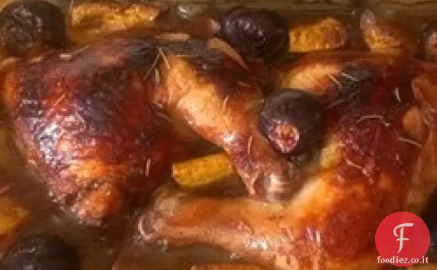 Pollo arrosto con fico, piantaggine e cipolla rossa