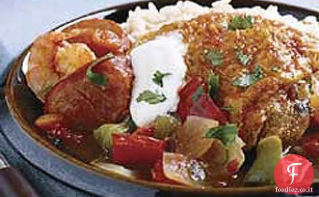 Salsiccia affumicata, pollo e gamberetti stufato
