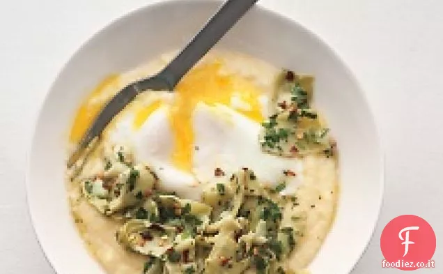 Uova in camicia, Polenta e carciofi marinati
