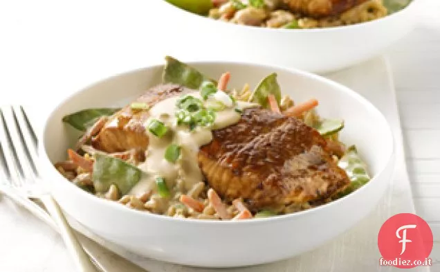 Riso vegetale cremoso con salmone Teriyaki