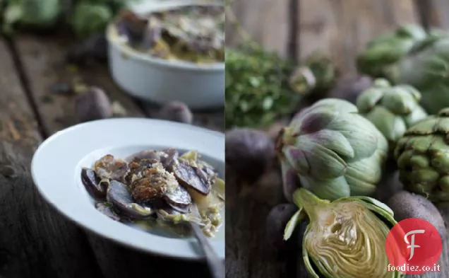 Gratin di patate viola e carciofi