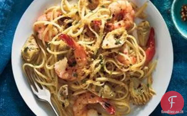 Linguine Con Gamberi, Carciofi e Pangrattato Croccante