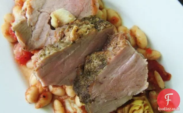 Filetto di maiale alla salvia con fagioli e carciofi