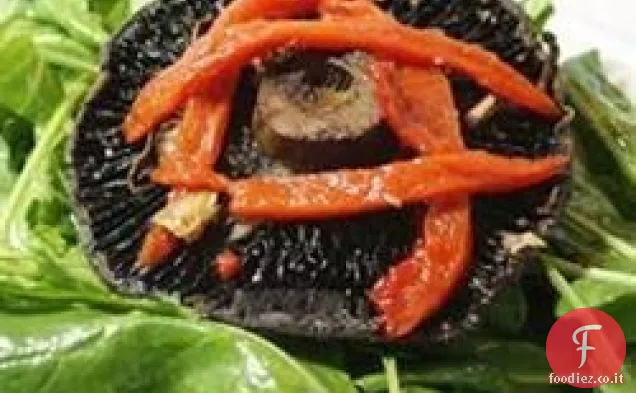Portobello arrosto, peperone rosso e insalata di rucola per uno