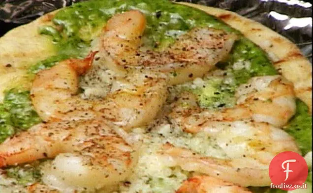 Pizza al pesto di gamberi e Coriandolo alla griglia