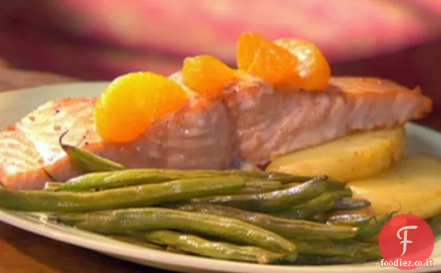 Teriyaki Salmone arrosto con arance, patate Fingerling e fagiolini Verts