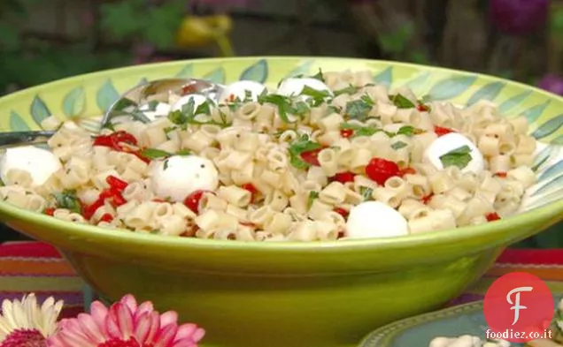 Insalata di pasta con Peperoni Rossi Arrostiti e Basilico con condimento balsamico bianco