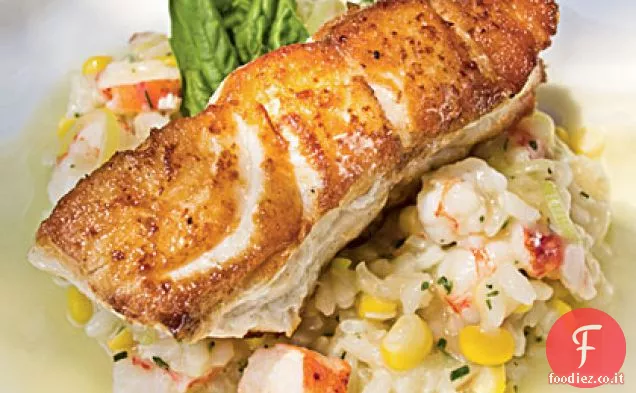 Cernia arrosto con Risotto ai frutti di mare e Champagne-Citrus Beurre Blanc