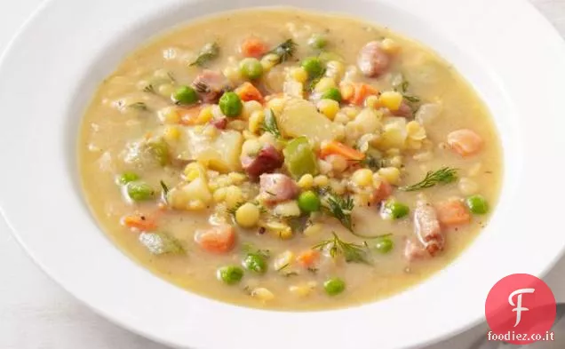 Zuppa di lenticchie con piselli e prosciutto