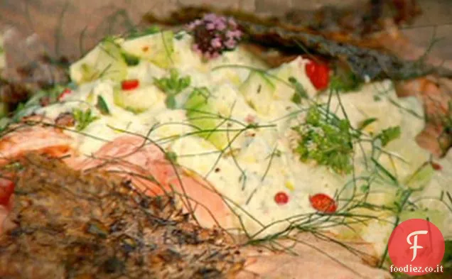 Croccante alla brace lato di salmone barbecue con cetriolo Yogurt