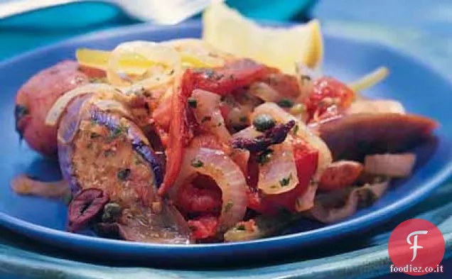 Melanzane brasate e patate con Pomodori, Capperi e olive