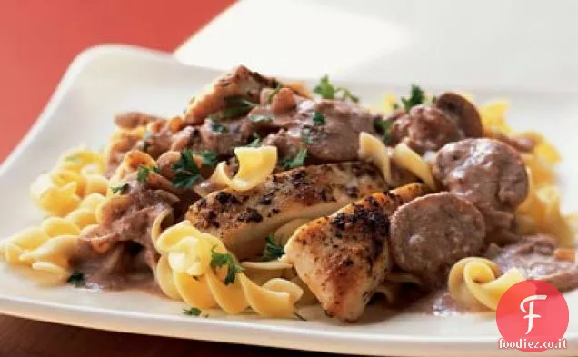Pollo con crema di noci pecan e funghi