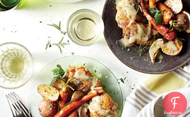 Pollo con senape-Salsa di vino bianco e verdure primaverili