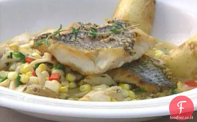 Branzino nero con mais e Jumbo Grumo Granchio Saute