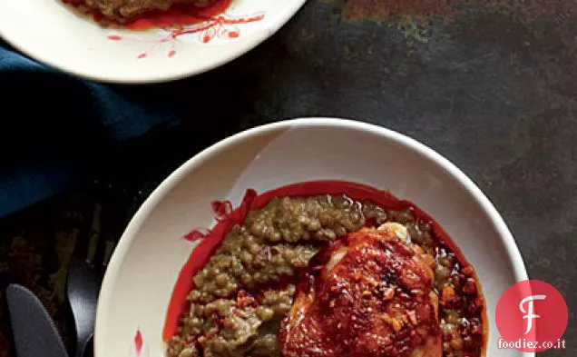 Cosce di pollo arrosto con stufato di lenticchie