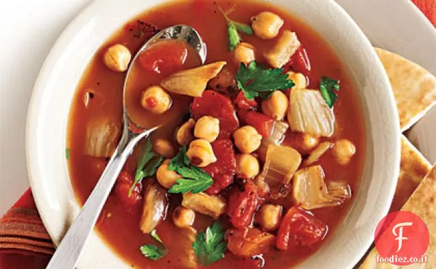 Zuppa di finocchio arrosto, pomodoro e ceci