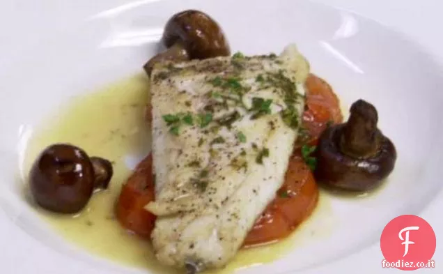 Branzino con Pomodorini Arrostiti, Funghi in camicia all'Olio d'Oliva