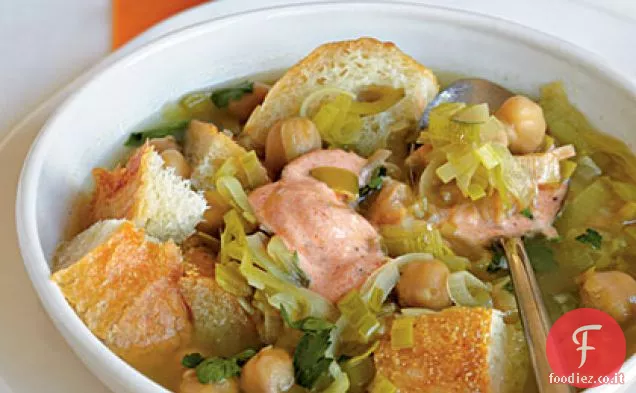 Zuppa di ceci, pane e porri con Harissa e yogurt