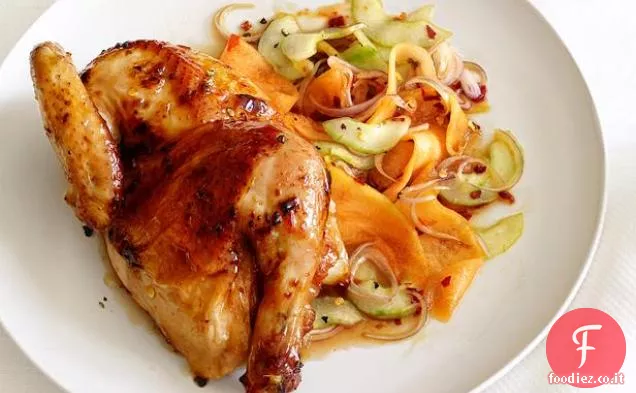 Galline glassate con insalata di cetrioli e melone