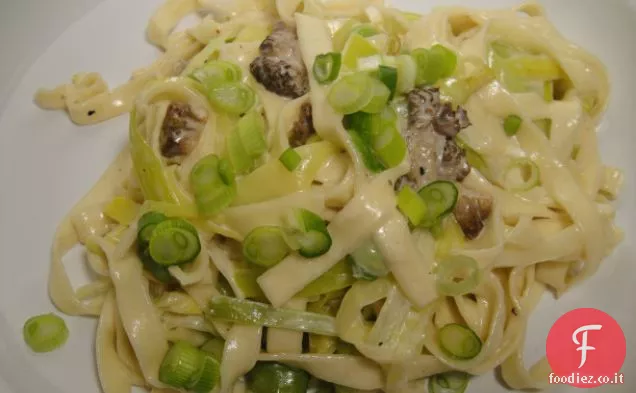 Cuocere il libro: Tagliatelle all'uovo con fave, porri e spugnole