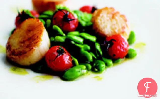 Capesante alla griglia con Fave e Pomodori Arrostiti